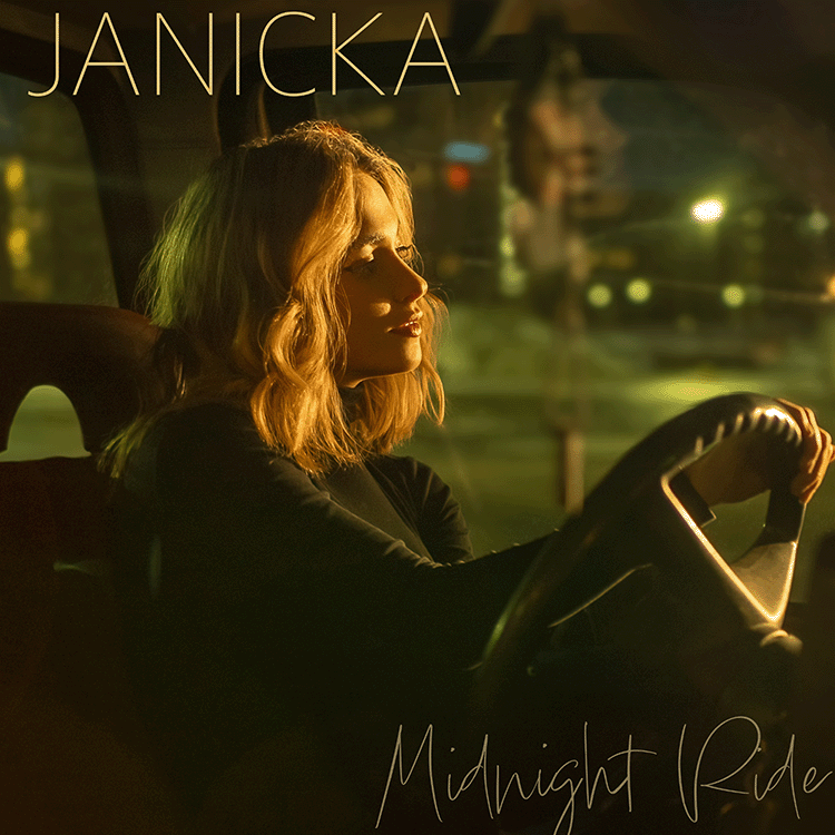 Cinematic cover of Janicka’s “Midnight Ride” with a neon-lit night driving scene