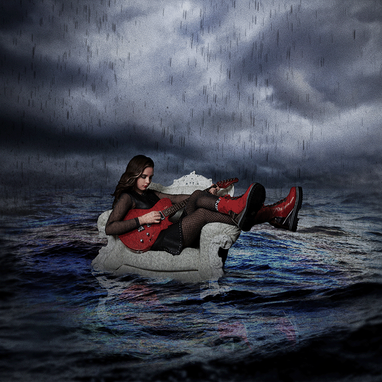Moody petroleum-colored ocean scene with Maestar floating on a sofa, holding her red guitar, for her self-titled album