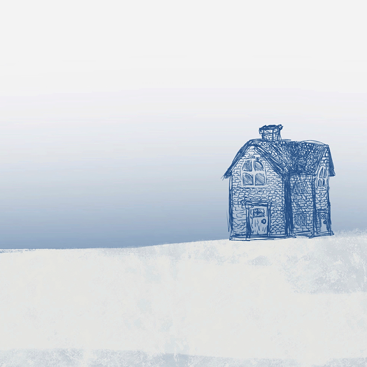 Minimalist cover art for Michel Héroux’s “Home” showing a drawing of a blue-tinted house in snow