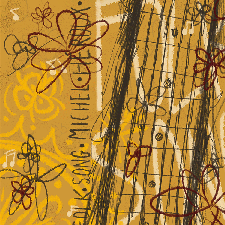 Abstract sketch and golden floral design on the cover of “Folk Song” by Michel Héroux
